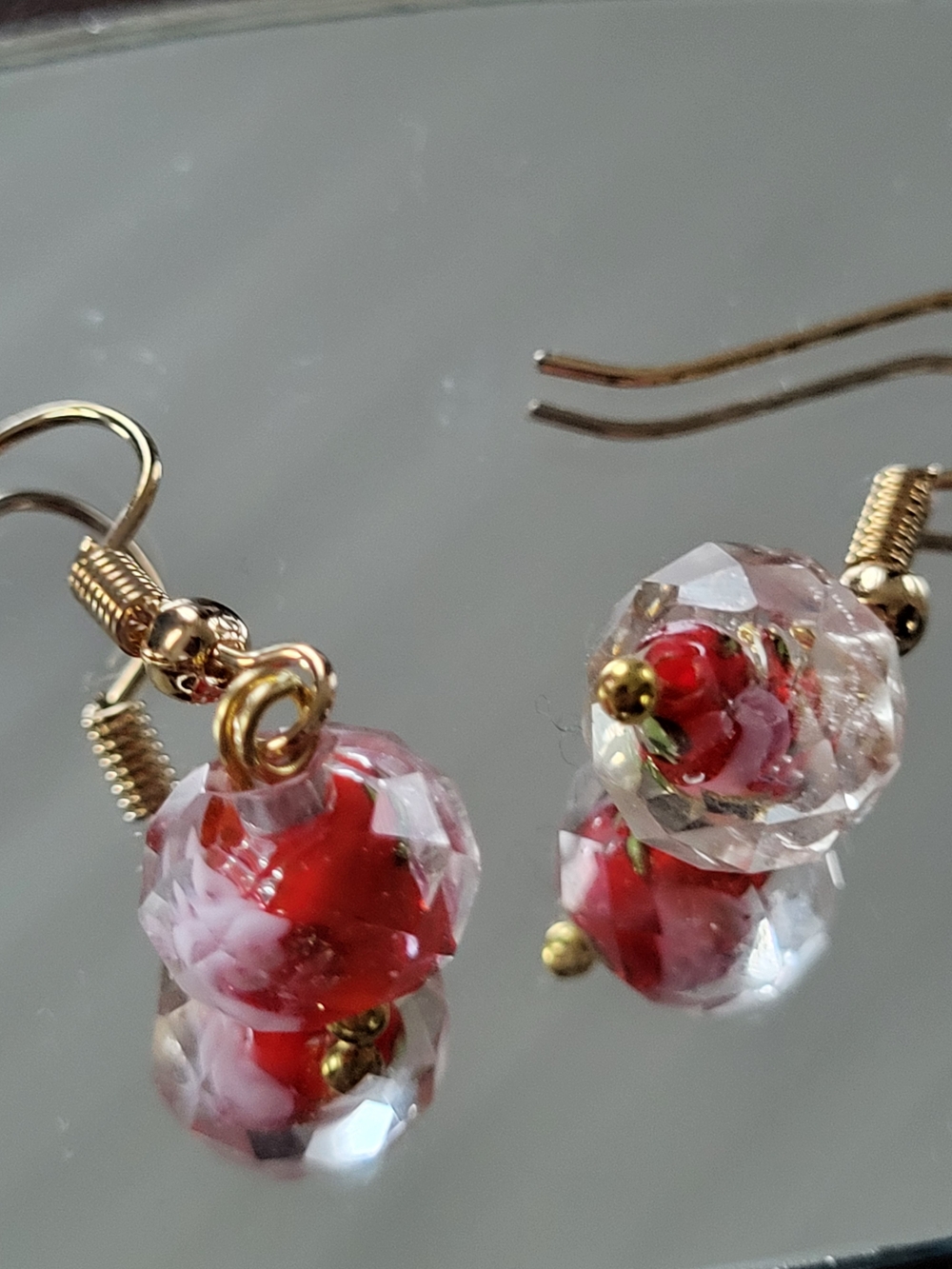 Delicate Red Floral Glass Bead Drop Earrings